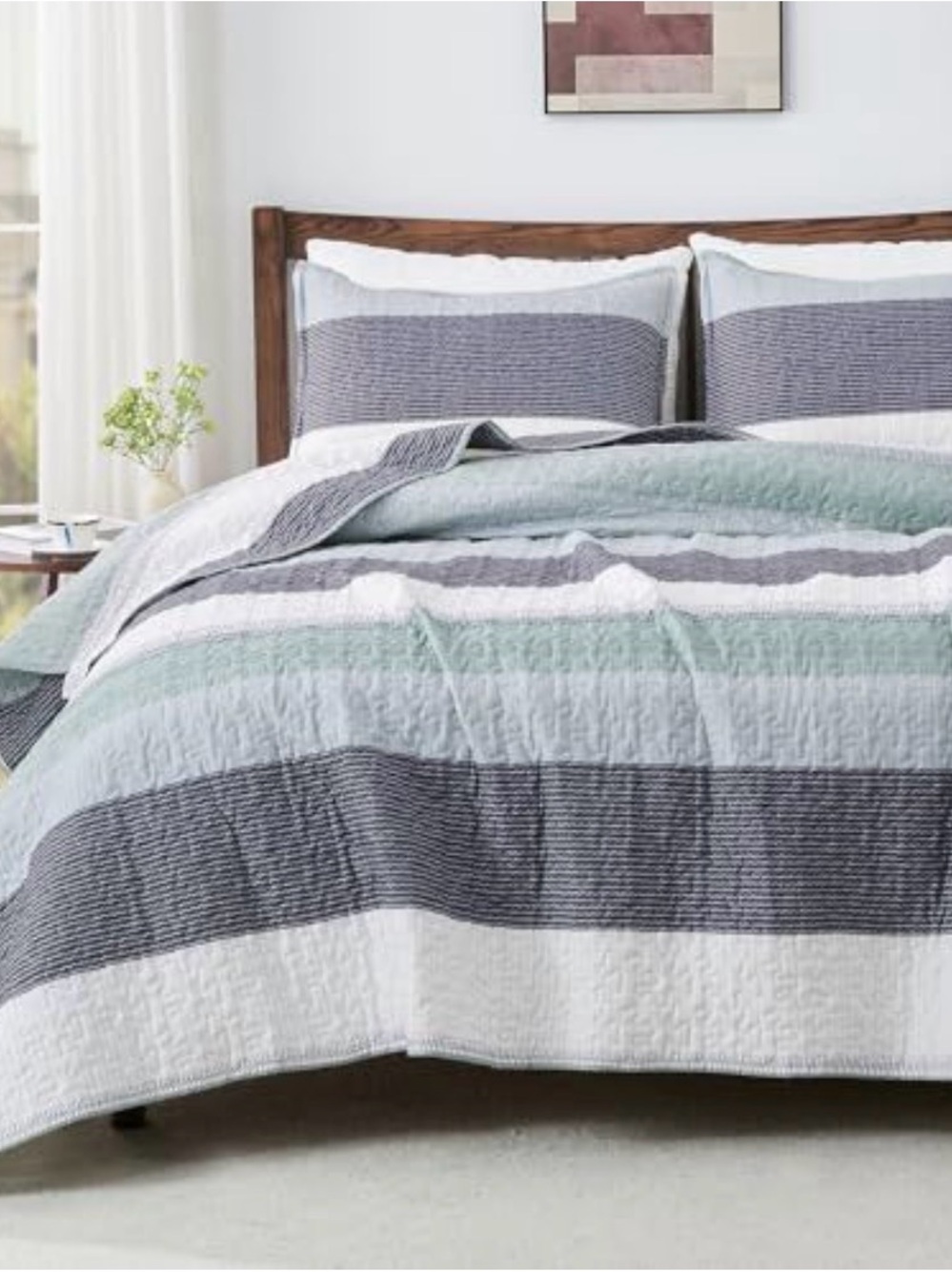Striped Quilted Bedspread in Gray, White and Mint - Brand